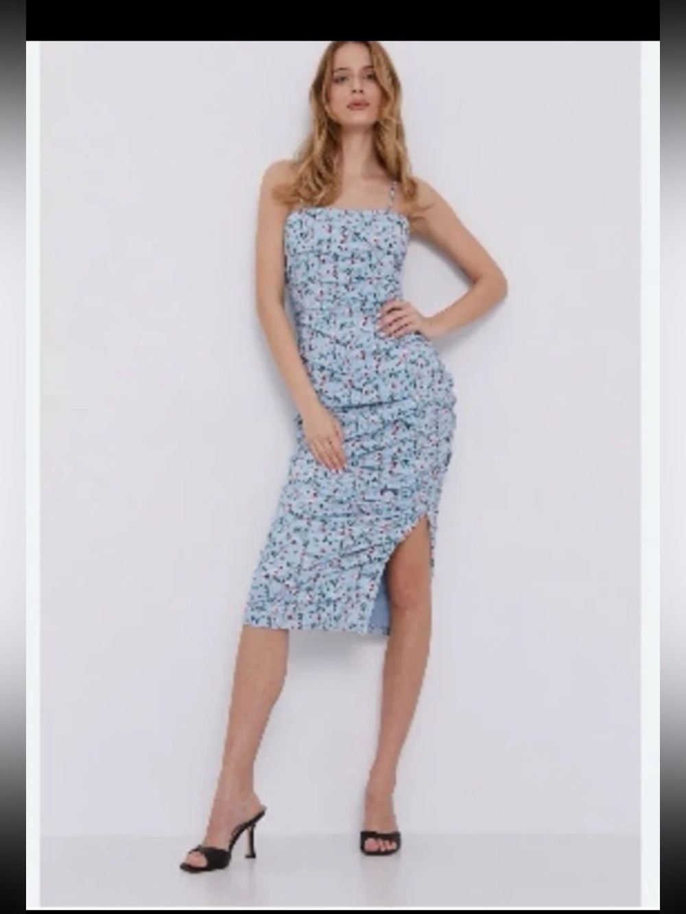 Bardot Ruched Floral Midi Light Blue Bodycon Dress Size 8